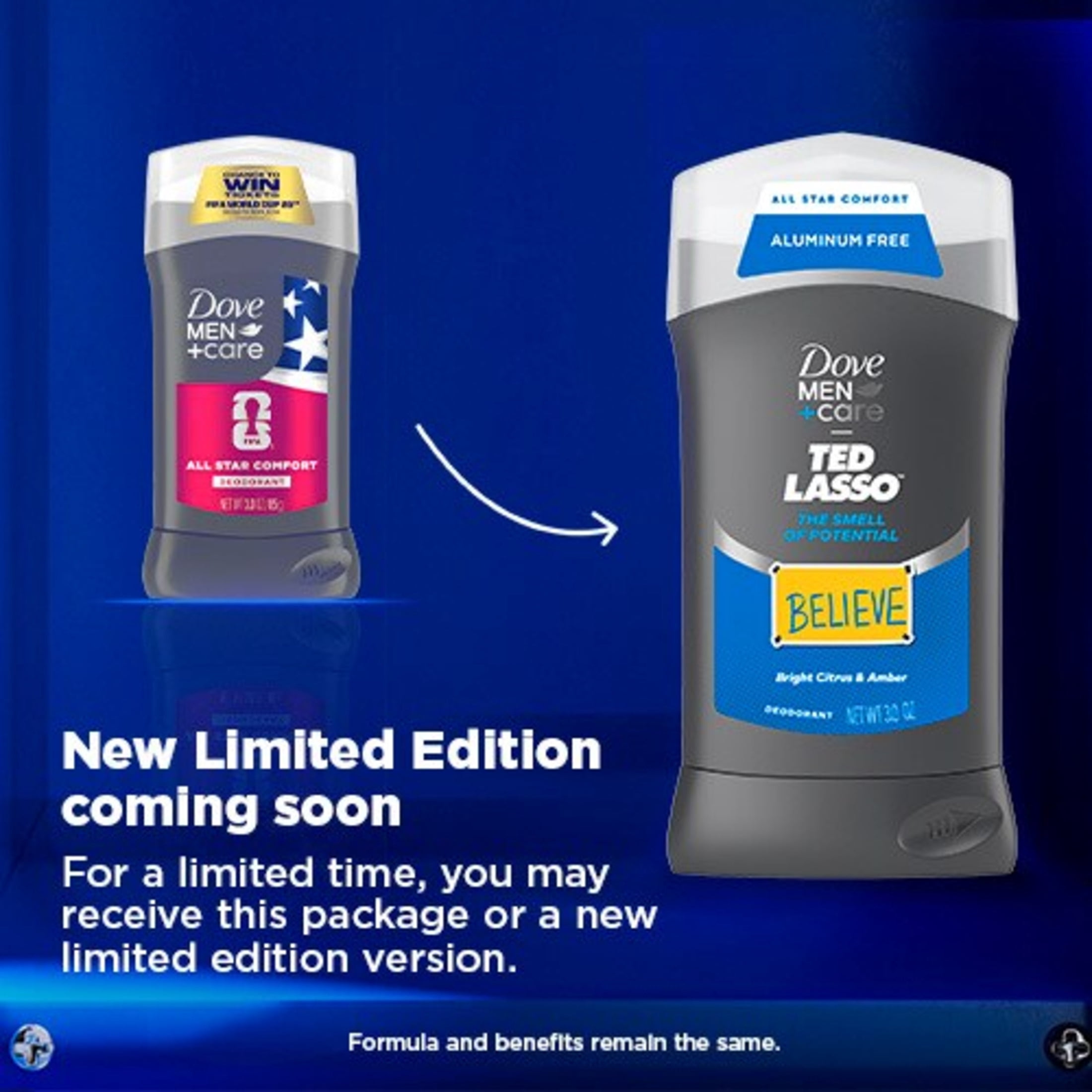 Dove Men+Care Ted Lasso Limited Edition The Smell Of Potential For 72H Protection Deodorant Stick Neutralizes Odor And Sweat, 3.0 oz