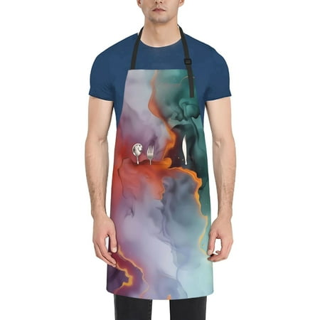 

Qekee Colorful Abstract Waves Print Waterproof Apron with Pockets Adjustable Cooking Aprons Kitchen Bib for Baking Household Cleaning