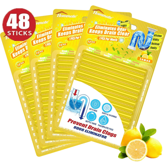 Drain Sticks Drain Cleaner and Deodorizer Sticks, 48 Count, Lemon Scent Enzyme Pipe Cleaners, Eliminate Odors, Prevent Clogged Drains, Safe for Sinks, Bathtub Drains, Septic Tanks