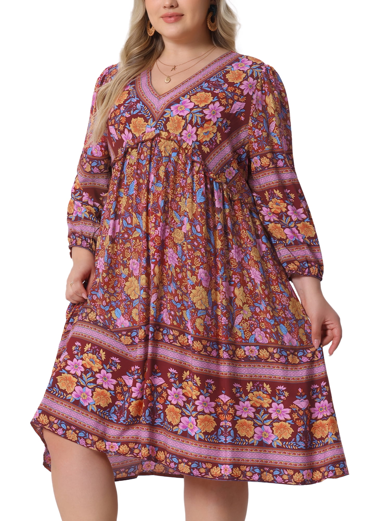 DARING DIVA Women's Plus Size Casual Boho Floral V Neck 3/4 Sleeve Dress 3X Yellow Pink