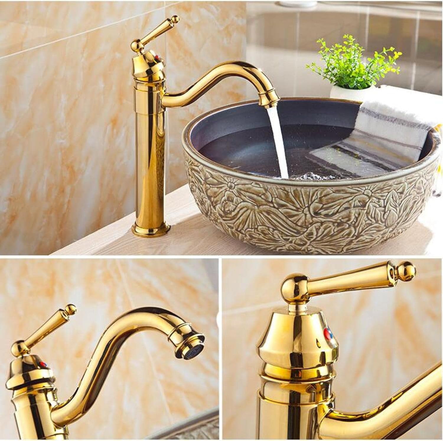 Vintage Sink Faucet Bathroom, 360° Swivel Bathroom Sink Faucet, Antique Brass, Single Handle Bathroom Faucet, Cold/Hot Water Basin Tap High, Gold