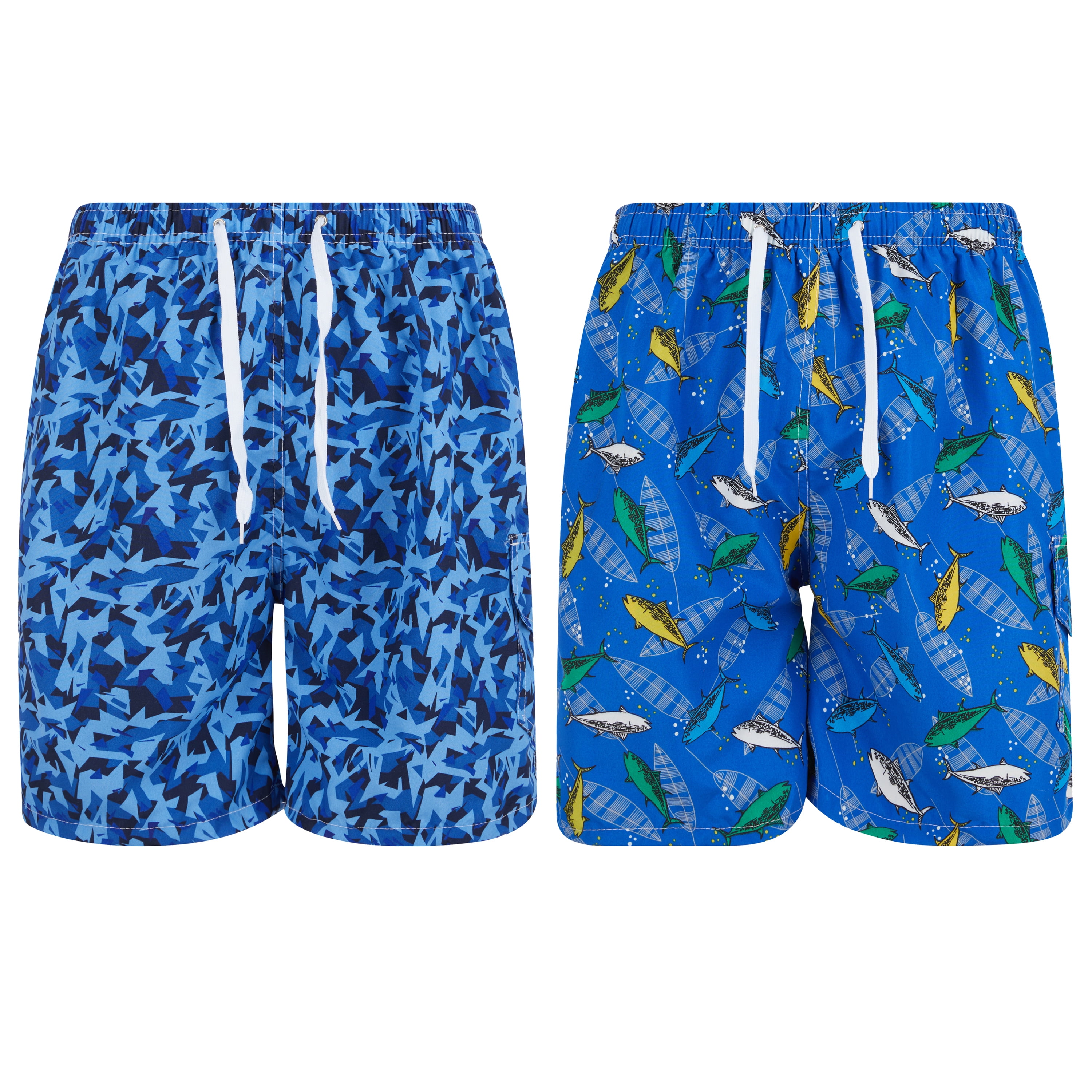 iBerryNY Mens Swim Trunks Adult Male Bathing Suit Quick Dry Shorts, Sharks/Geometrics, Large