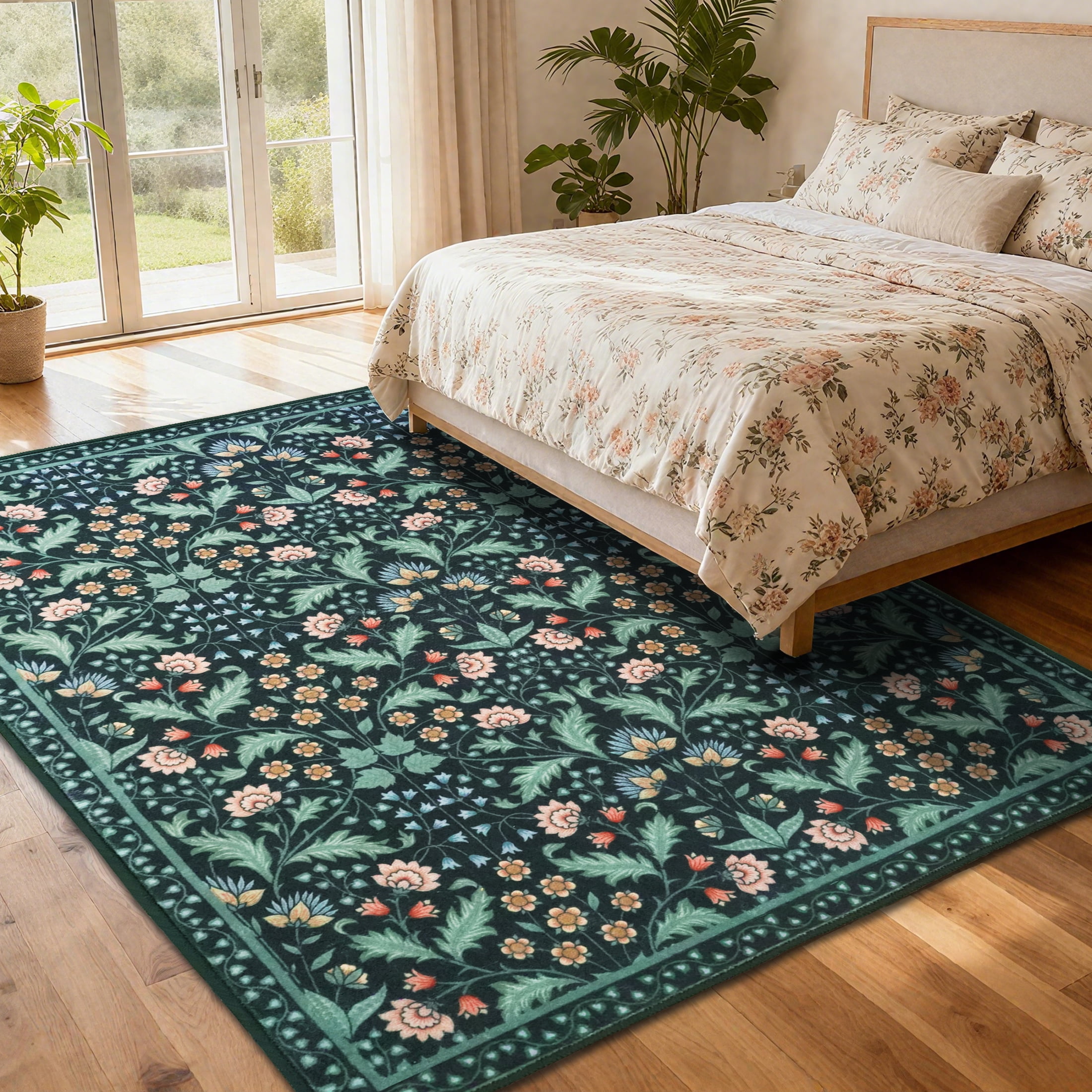 ARJINCUTE 9' x 12' Floral Area Rugs for Living Room, Washable Low Pile Non-Slip Vintage Large Floor Carpet for Bedroom Dinning Room, Black  Base
