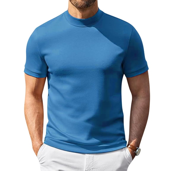 Men's Mock Neck Shirt Short Sleeve Slim Fit Basic Casual Solid Color Pullover Tee Cyan XL
