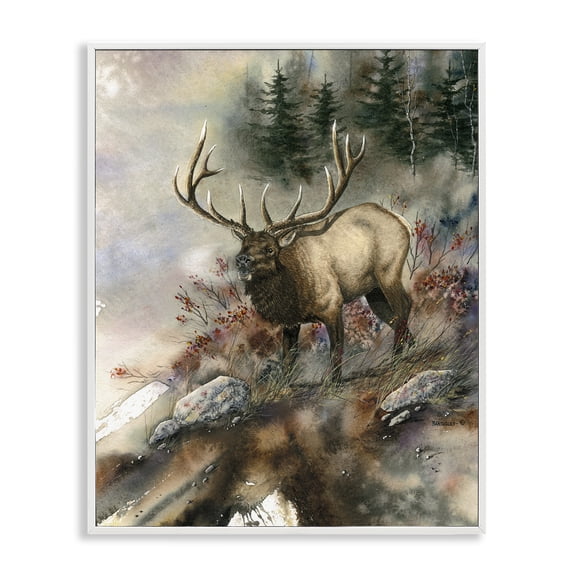 Stupell Industries Farmhouse Elk Woodland Slope Clearing White Framed Giclee Art, 16 x 20, by Dave Bartholet