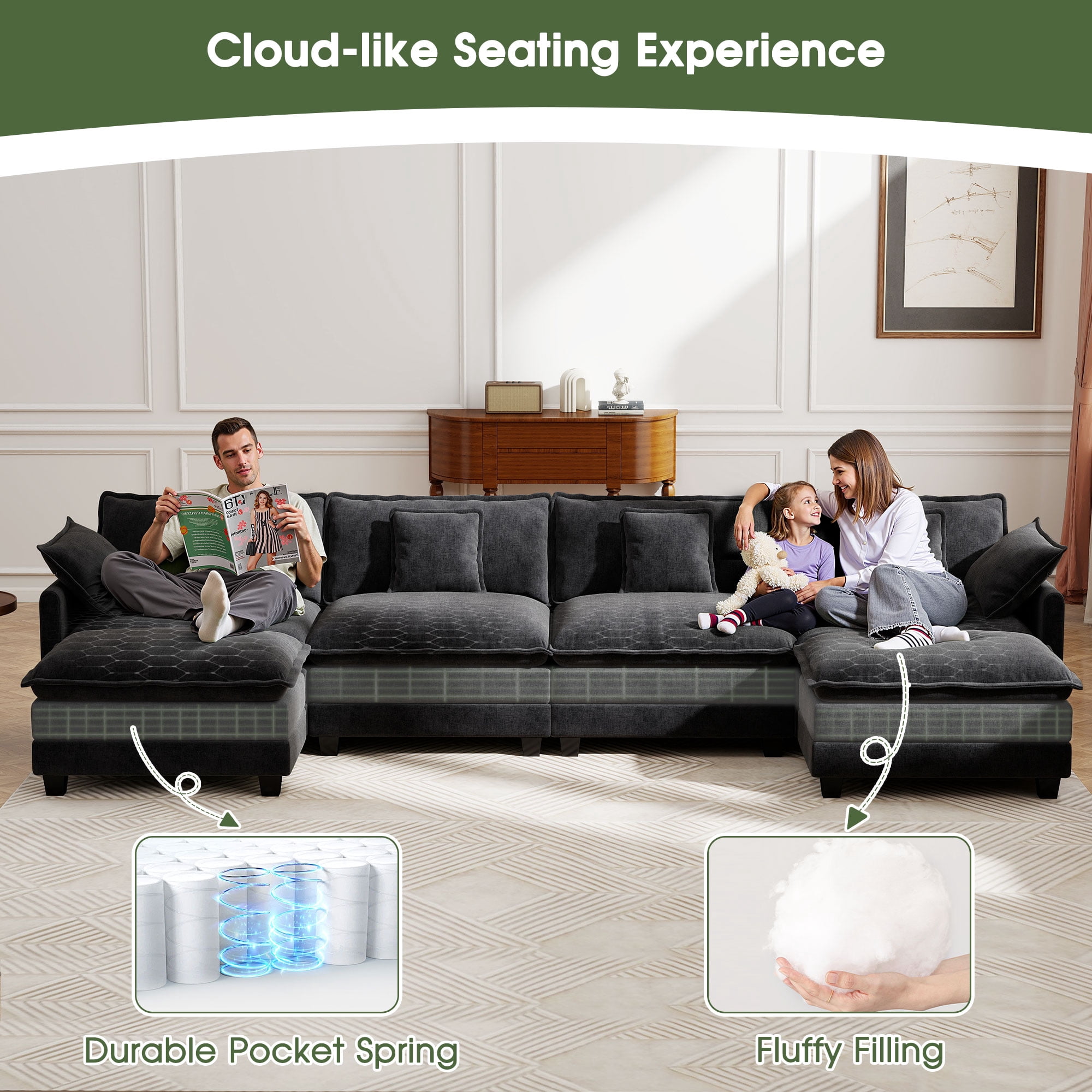 BedLuxury 146.5’’ U shape Modular Sectional Sofa with Movable Ottomans, Modern Chenille Deep Seat Couches for Living Room, Apartment, Office, 4-Seat, Black