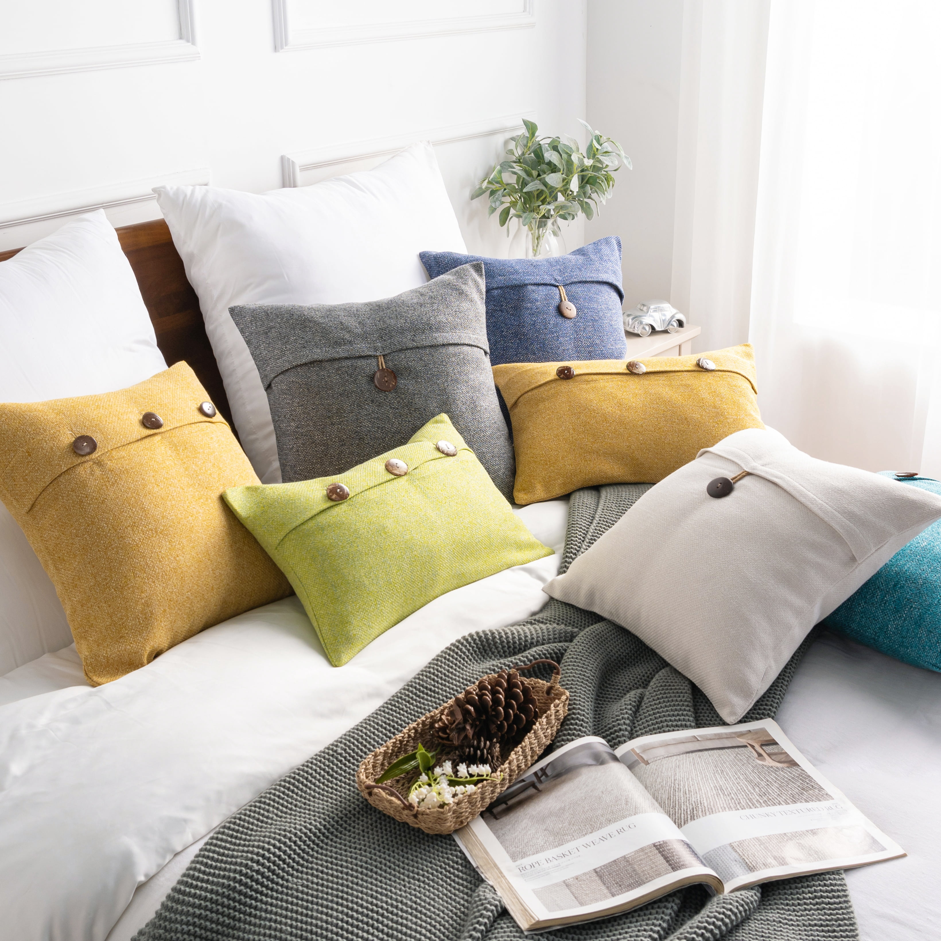 Phantoscope Farmhouse Triple Button Linen Decorative Throw Pillow, Ivory, 18" x 18", 1 Pack