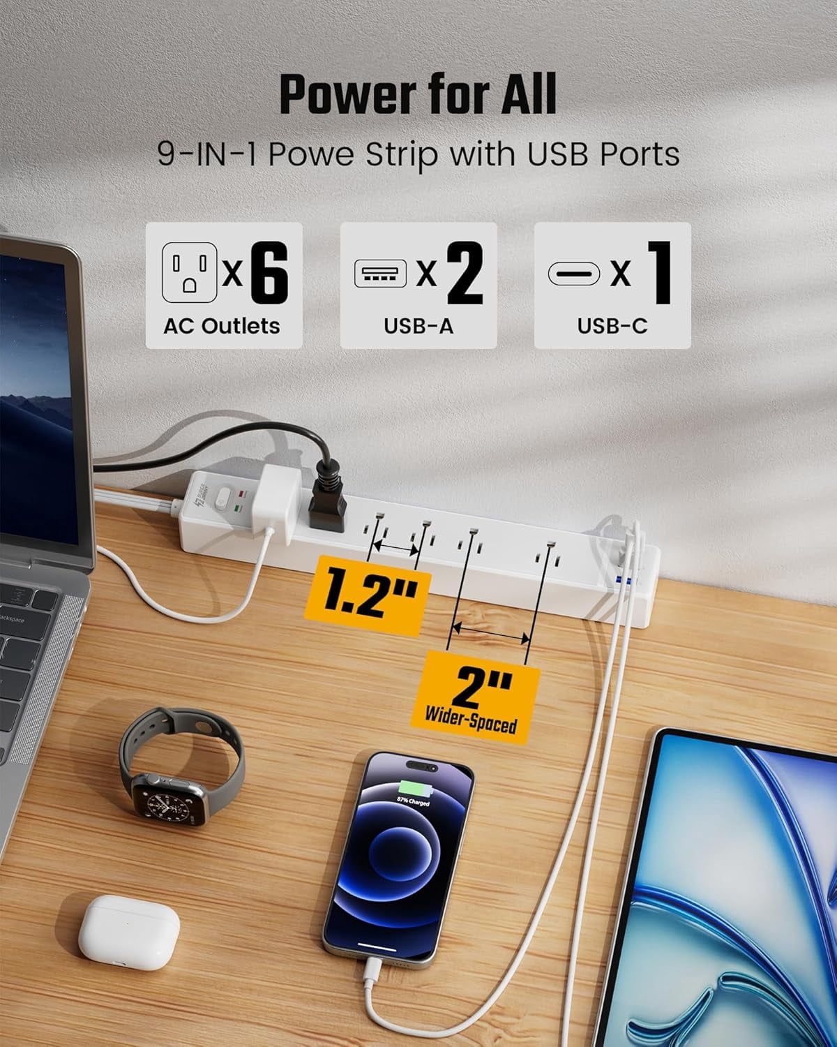 10Ft Extension Cord with Multiple Outlets, Flat Plug Surge Protector Power Strip 10 Ft Long Cord, 6 Outlets & 3 USB Ports, Charging Station for Home Office, College Dorm Room Essentials