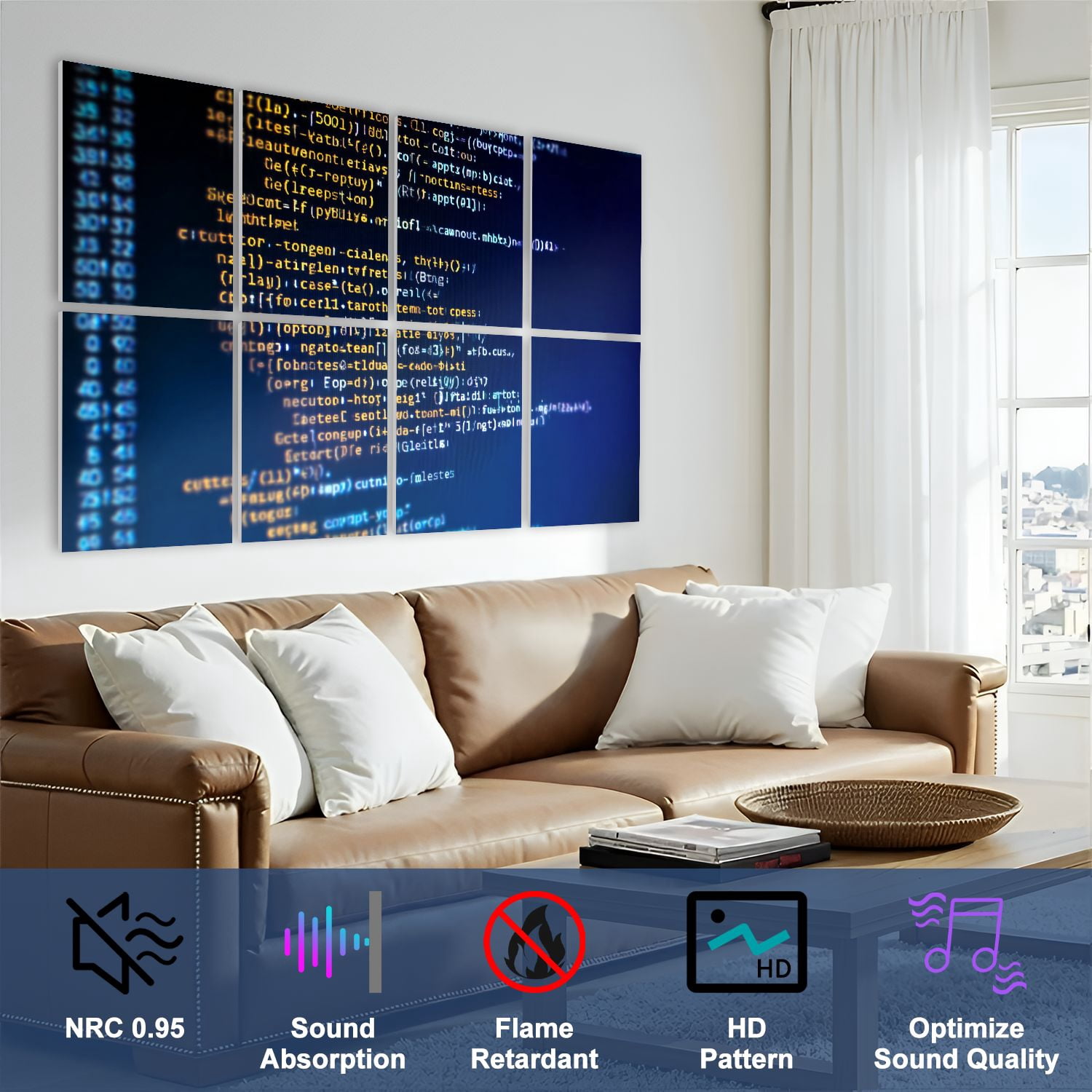 8 Pack Art Acoustic Panels Sound Absorbing Programming code computer Python binary code Software Decorative Soundproof Wall Panels Self Adhesive for Nursery Game Room Bedroom 48"x32"