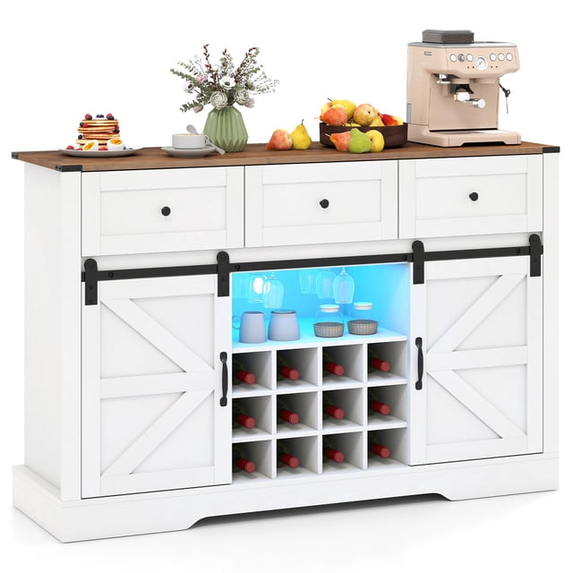 Gymax Wine Bar Cabinet w/LED Lights Doors Coffee Station w/ Adjustable Shelves Racks White