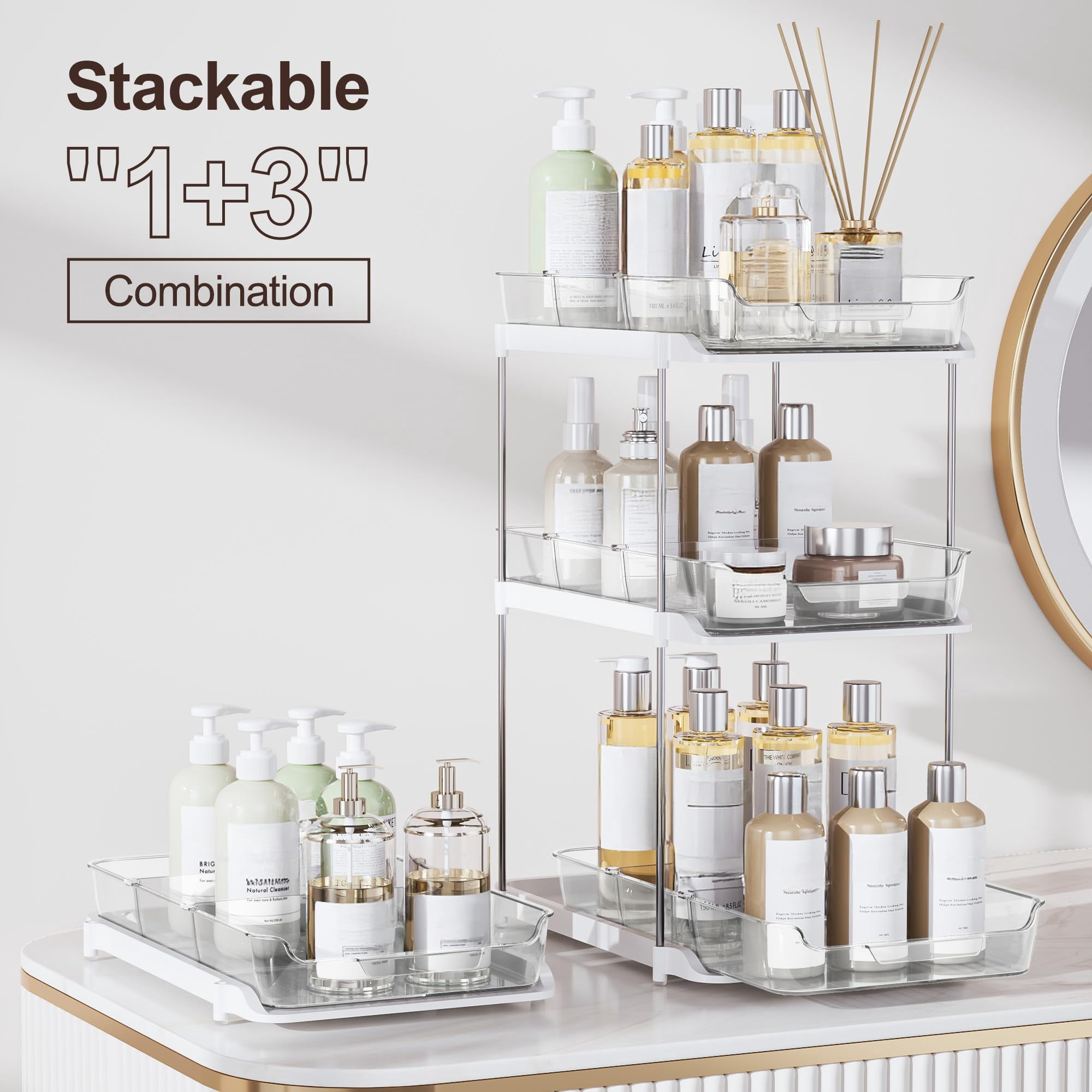 2-tier Multi-purpose Bathroom Under Sink Organizers And Storage  Stackable Kitchen Pantry Organization Pull Out Cabinet Organizer With Movable Dividers White 2 Pack