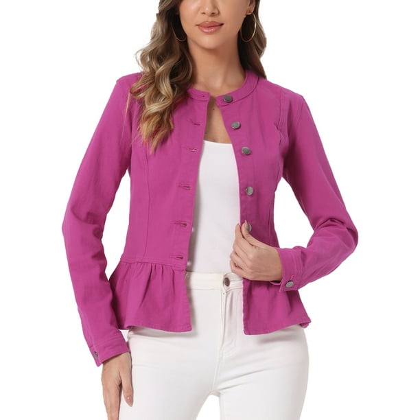 CHAQUETAS DE JEAN PARA MUJER INSPIRADAS CHIC, CON BOTONES, HEM PEPLUM, MANGAS LARGAS, CORTAS, COLOR ROSA FUERTE, TAMAÑO M