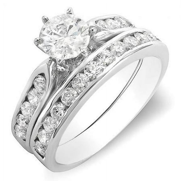 1.87 Carat (ctw) 14k White Gold Round Diamond Ladies Bridal Engagement Ring Set