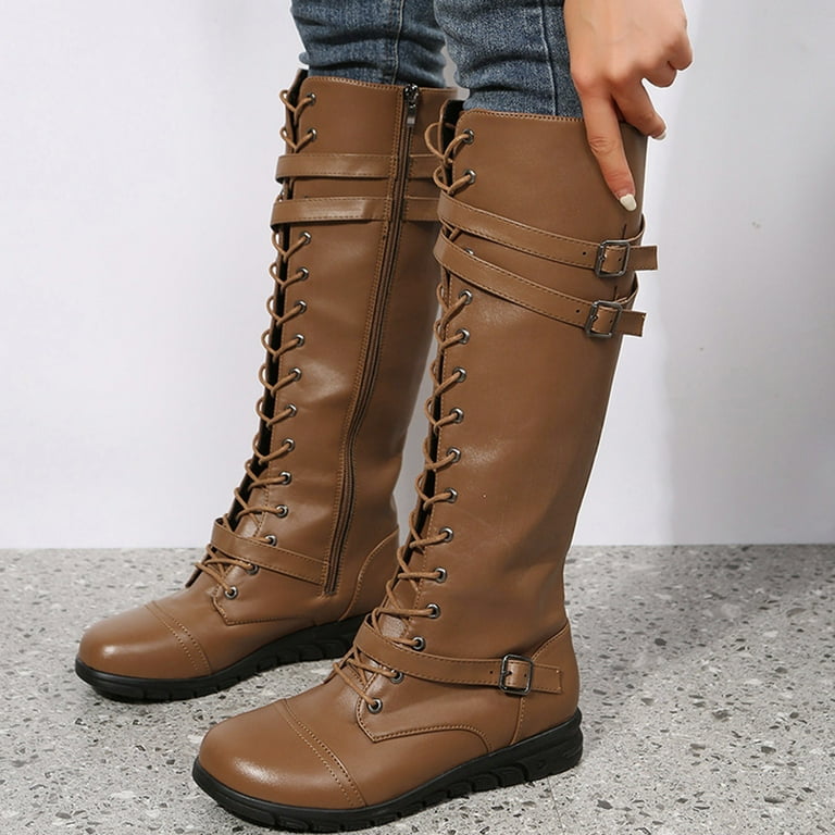 CBGELRT Knee High Boots for Women Fashion Lace-Up Side Zipper Long