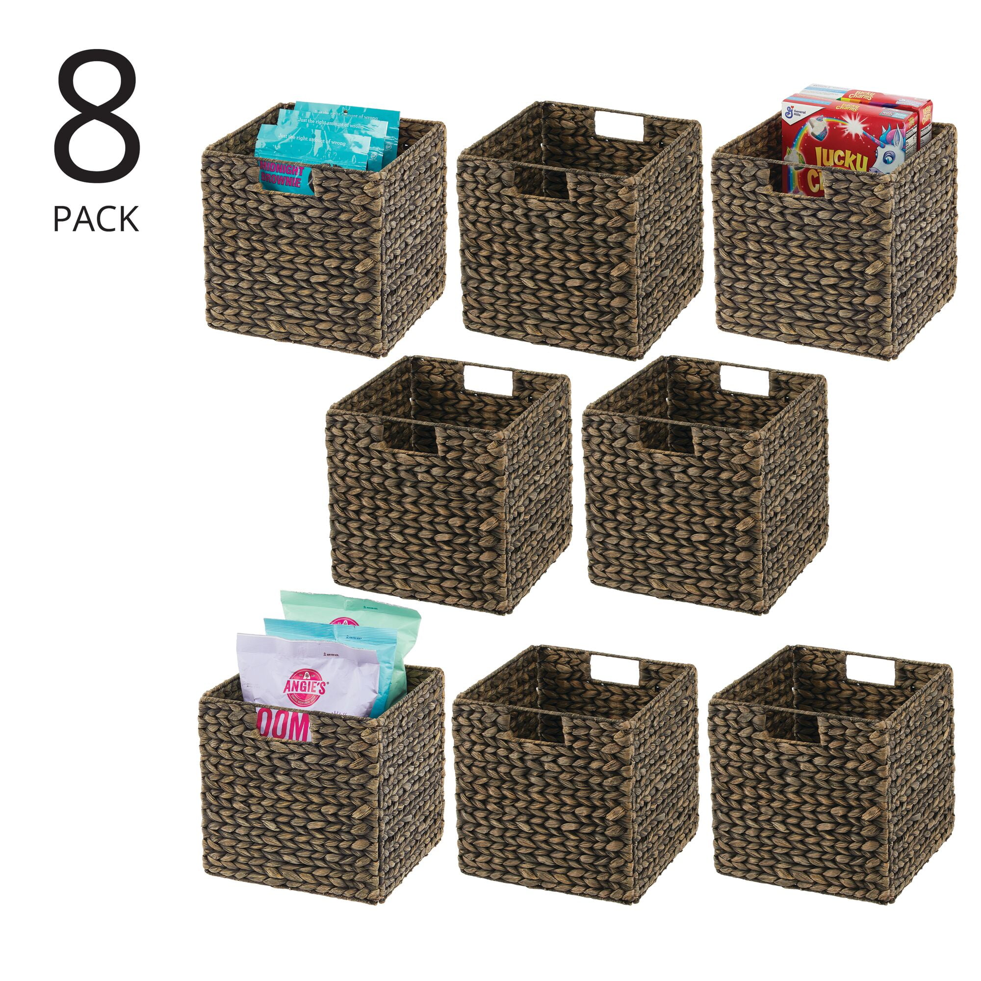 mDesign Woven Hyacinth Kitchen Storage Organizer Basket Bin, 8 Pack, Black Wash