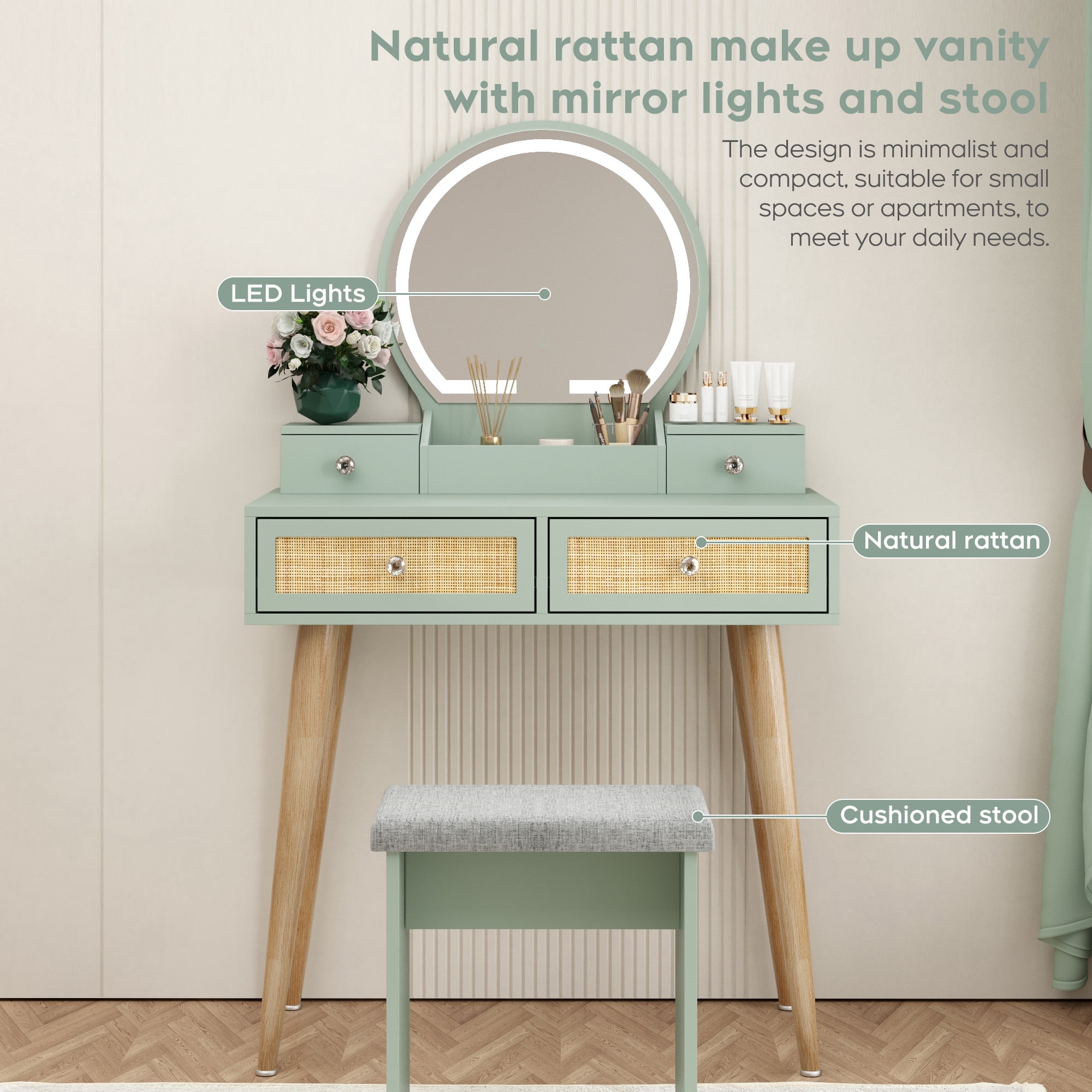 Brafabhome Vintage Boho Vanity Table Set with Adjustable Lighted Mirror and Stool, Modern Dressing Table Set with Drawers and Storage Shelves for Makeup Room Bedroom | Green