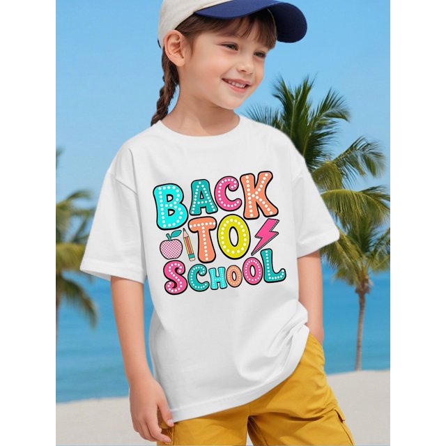 Girls' Cartoon Print T-Shirt - Short Sleeve Casual Summer Top with ”Back to School“ Design, Soft Knit Fabric, Round Neck, Machine Washable, Perfect for Students, Everyday Tshirt | Stretchy Knit
