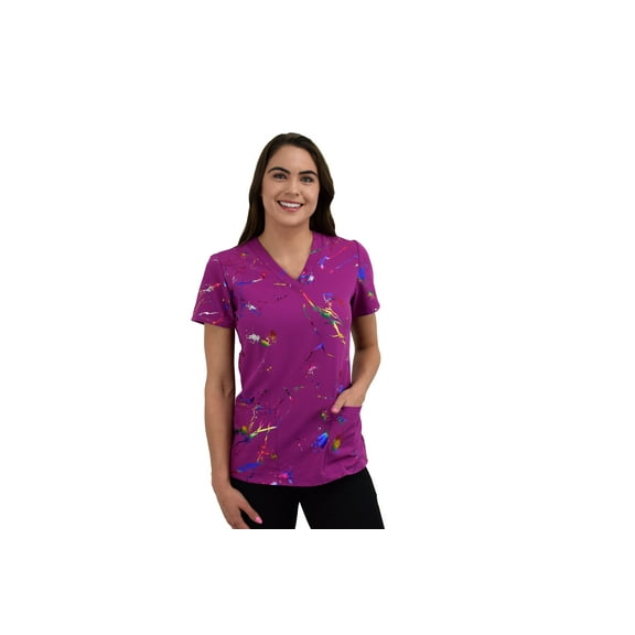 Green Town Scrubs for Women V-Neck Scrub Top - Foil Prints, 3 Pockets, Easy Care Uniforms