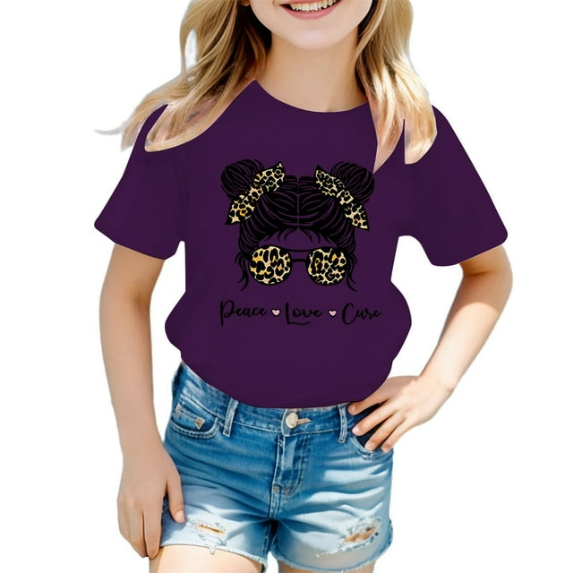 LUOGENLI T-Shirt pour Filles Enfant Filles Mignon Graphique Col Rond Manche Courte Tee Été Décontracté T-Shirt Longues Chemises pour Filles avec Fente Violet 9-10 Ans