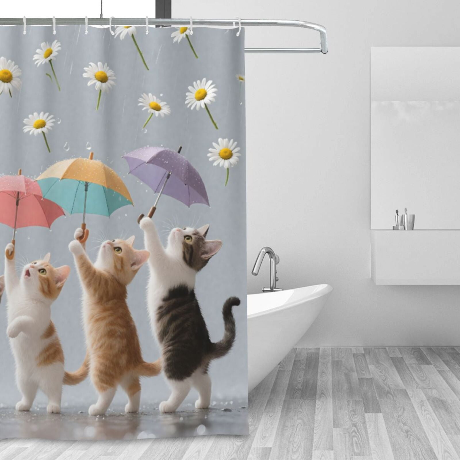 HVEST Cute Funny Cat Shower Curtain with Umbrella and Daisy Flower Design - Cute Animal Bathroom Decor, Waterproof Polyester Fabric, Includes 12 Hooks, 72x78 Inches