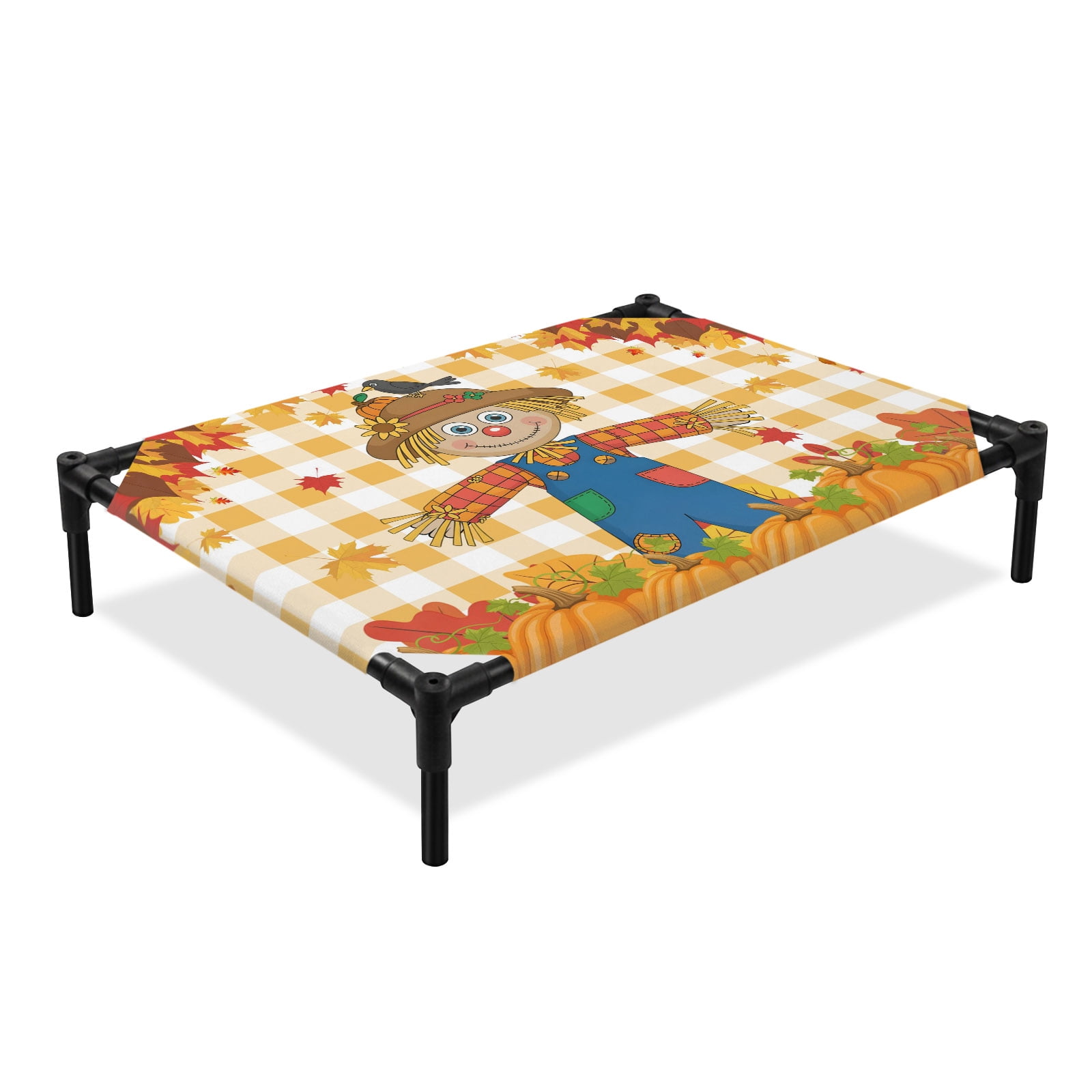 Thanksgiving Scare Crow Elevated Dog Bed Vintage Pumpkin Leaf Orange Plaid Cooling Breathable Outdoor Raised Dog Cot Bed with Metal Frame Non-Slip Feet for Large Dog 28x22in