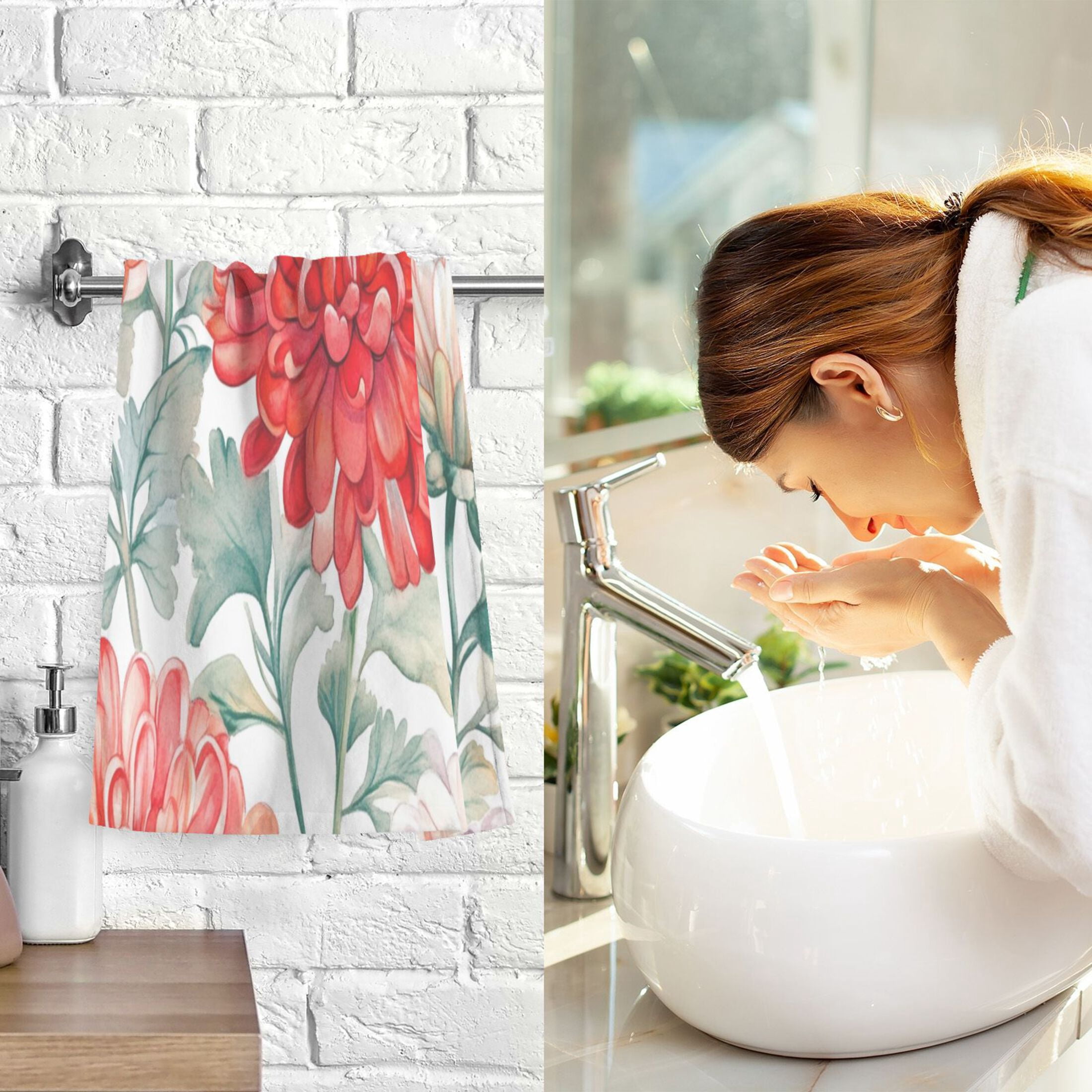 Cotton Towel Two-Piece 16x28 Inch One Sizex2 Face Towel Set Towel Set Cotton Hand Bath Towel Bathroom Beach Chrysanthemums Red