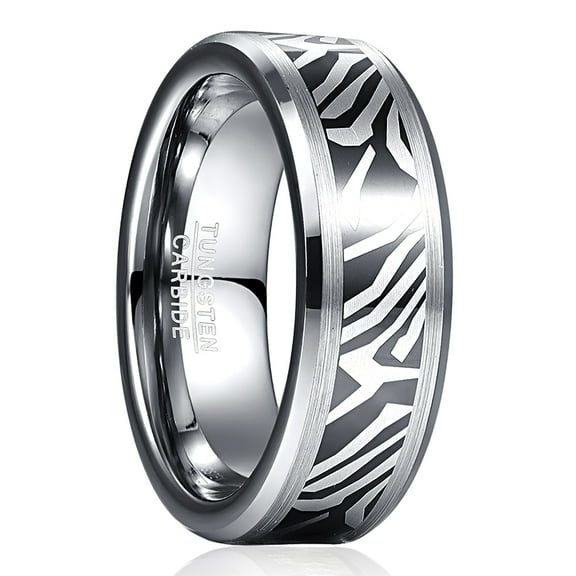 8mm Men's Silver and Black Tungsten Ring Wedding Band with Damascus Pattern Size 7-12