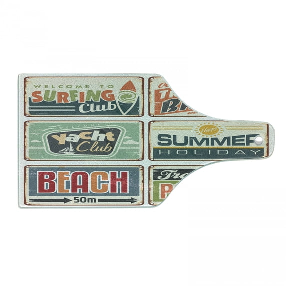 Retro Cutting Board, Summer Holiday Vintage Camping Beach Sign Boards in Old Style Faint Colors Art Print, Tempered Glass Cutting and Serving Board, Wine Bottle Shape, Multicolor, by Ambesonne