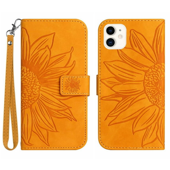 Mantto for Apple iPhone 11 6.1 inch Wallet Case with Wrist Strap,Stylish Sunflower Embossed PU Leather Shockproof Protective Magnetic Flip Stand Card Slots Protective Phone Cover,Yellow