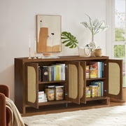 Rattan Sideboard Buffet Cabinet with Storage, Wooden Cabinet with 4 Doors, Kitchen Console Table
