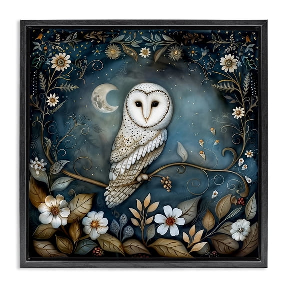 Stupell Industries White Owl Forest Scene Animals Painting Black Floater Framed Canvas Art Print Wall Art, 18 x 18