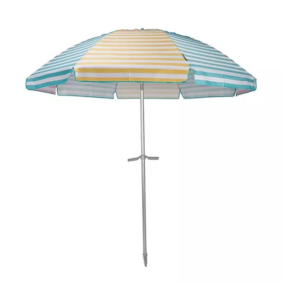 Open Box Member's Mark 8 Ft Beach Umbrella, Adjustable Tilt, Striped Turquoise and Yellow, Weather-Resistant Polyester, Aluminum Frame, Built-In Sand Anchor