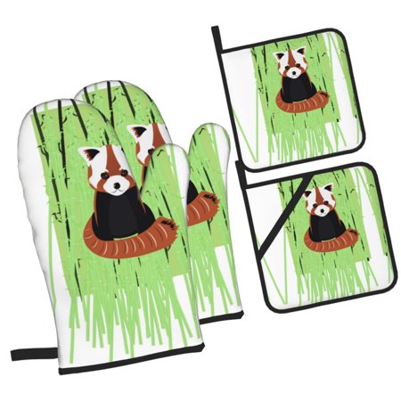 Red Panda Bamboo Oven Mitts and Pot Holders Sets Baking Sets for Kitchen Bbq Gloves Heat Resistant Cooking Vector Firefox 4 Pieces