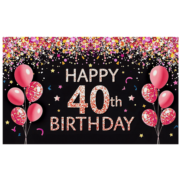 Glittery Rose Gold 40th Birthday Banner with Balloons and Stars Background Backdrop Party Supplies for Photography Props Birthday Party Decorations Celebrations Event Decor