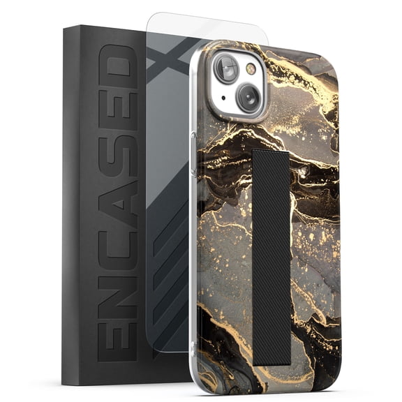 Encased Finger Loop Case Designed for iPhone 14 MAX Case with Hand Strap Phone Holder and Screen Protector (Black/Gold Marble)