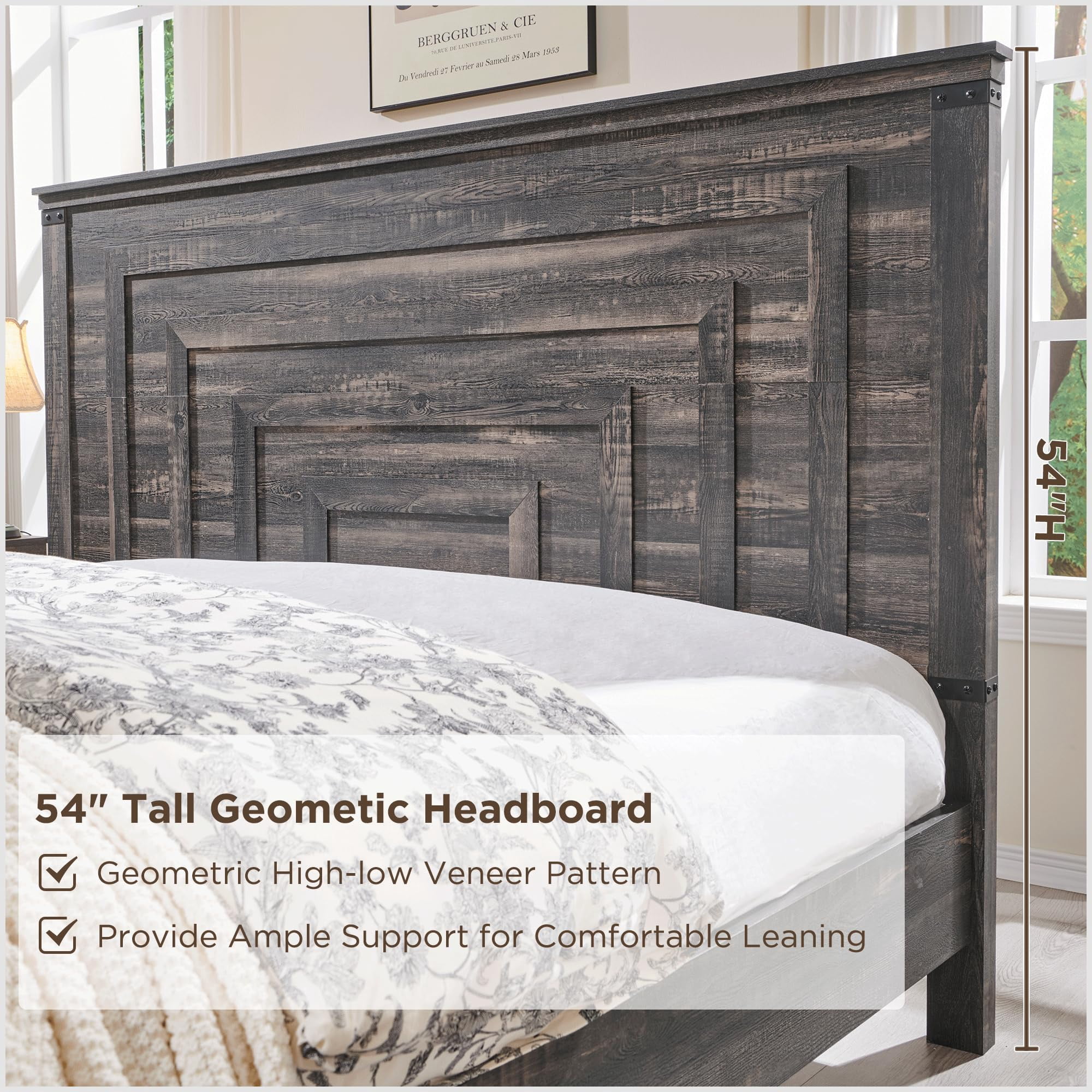 OKD Queen Size Bed Frame W/ 54" Tall Geometric Headboard, Farmhouse Wood Platform Bed W/ 2 Large Storage Drawers, No Box Spring Needed, Dark Rustic Oak