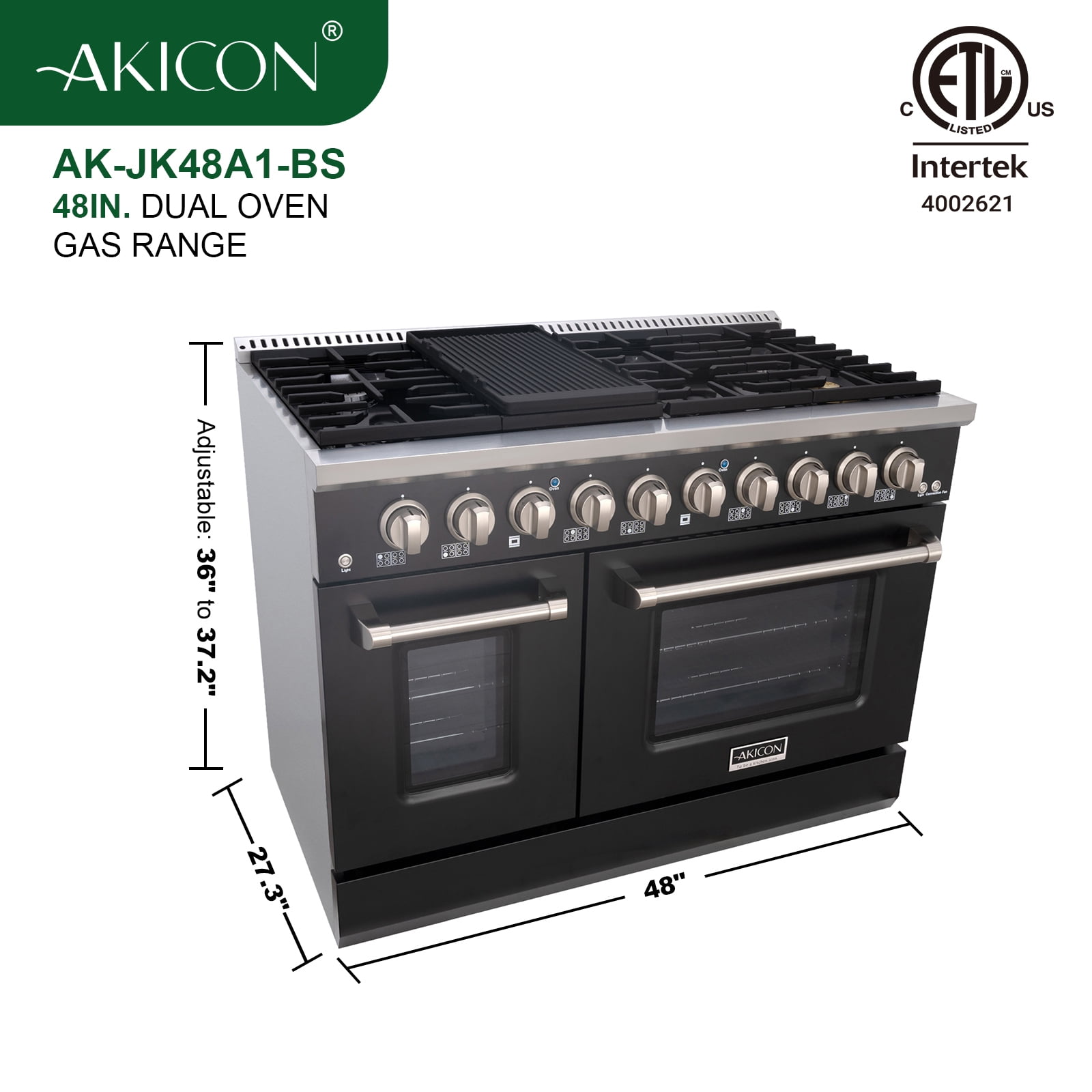 Akicon 48" Slide-in Freestanding Professional Style Gas Range with 6.7 Cu. Ft. Oven, 8 Burners, Convection Fan, Cast Iron Grates. Matte Black & Stainless Steel