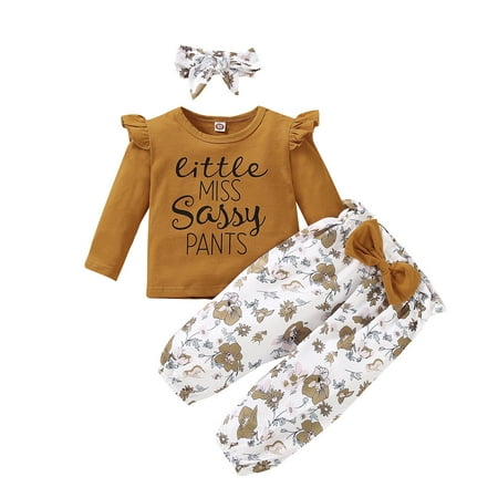 

baby girl clothes Baby Girl Long Sleeve Ruffle Solid Tops+Floral Bowknot Pants Set