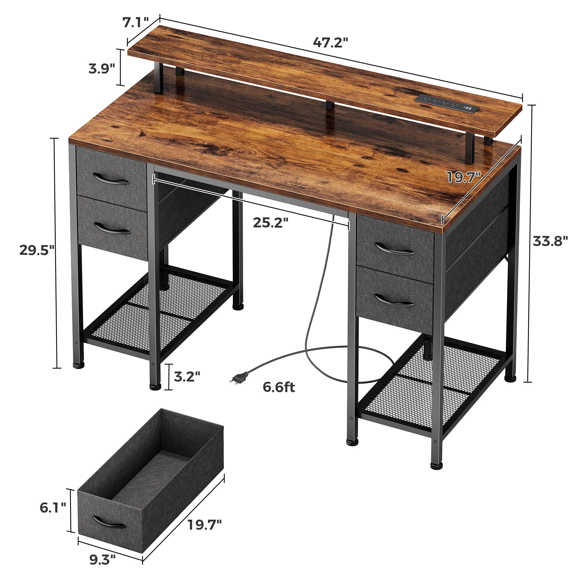 Amadwell 47" Gaming Computer Desk with LED Lights, Power Outlets, Home Office Writing Desk with 4 Drawers, Rustic Brown