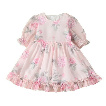 

Kids Toddler Baby Girls Spring Summer Floral Ruffle Short Sleeve Casual Princess Dress Party Baby Clothing