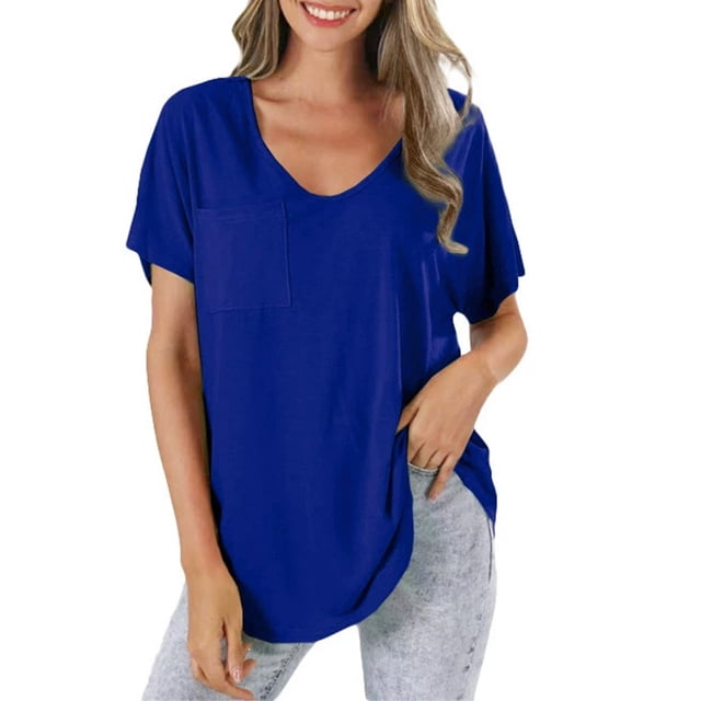 Yubnlvae T-Shirt Décontracté à Poche à Manches Courtes pour Femmes, T-Shirt Décontracté à la Mode pour Femmes Uni avec Poche, Liquidation! Uni, Col Rond, Bleu, G