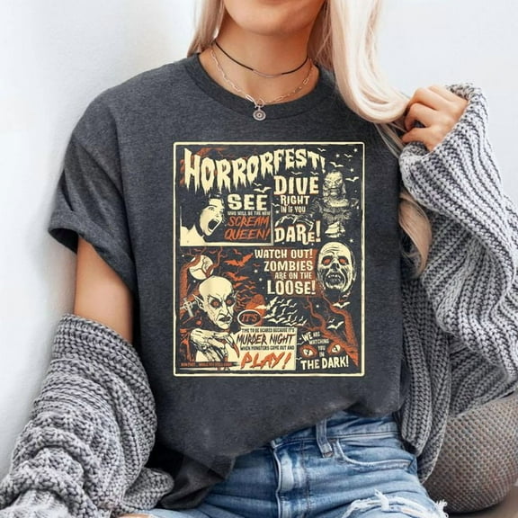 Vintage Horrorfest Poster Movie Old Time Horror T-Shirt, Men's And Women's Graphic Tee 100% Cotton by TBun, Full Sizes S-5XL