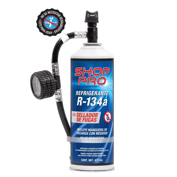 Shop Pro Refrigerante R-134a con Sellador de Fugas y Manguera de Recarga 472 mL