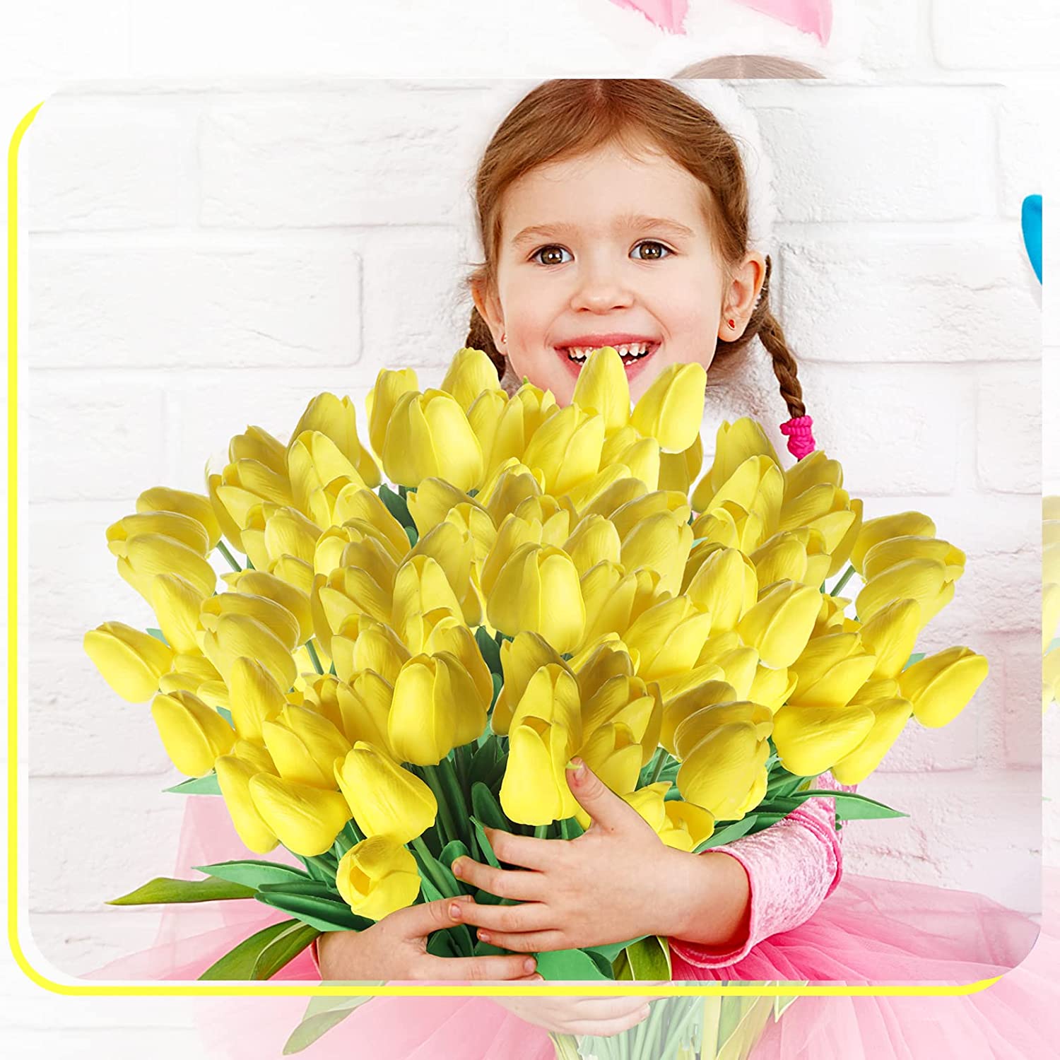 50 Pcs Tulips Artificial Tulips Flowers PU Fake Tulips 13 Inch Faux Flowers Cemetery Flowers for Easter Spring Home Room Office Party Wedding Decoration Bouquet Centerpiece (Yellow)