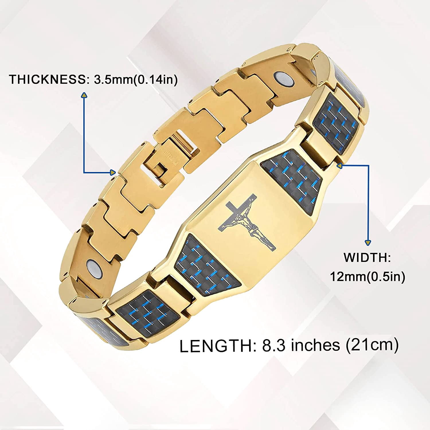 Magnetic Bracelet for Men, Christian Cross Jesus Carbon Fiber Stainless Steel Bracelet, Religious Health Jewelry Gifts (Gold)
