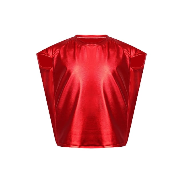Sinleey T-Shirt à Manches Courtes Métalliques pour Enfants Filles Garçons Col Rond Danse Hip Hop Jazz Crop Top Brillant Athlétique Rouge m