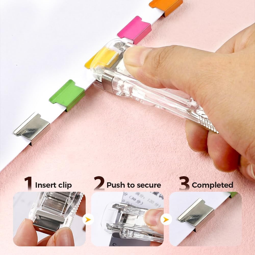 2026 Upgrade Portable Binder Clip Stapler, Includes 100 Reusable Clips, Handheld Paper Clip Dispenser, Mini Push Stapler Clamp Staplers for Handheld Paper Clam Clip Dispenser