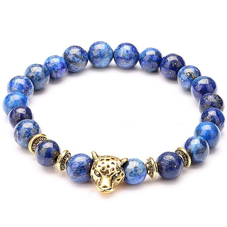 Natural India Agate - Bead Bracelets,UHIBROS Unisex Natural Tiger Eyes, Black Matte, Weathering Agate Beads Stretch Bracelets With Leopard Head Gold,Silver