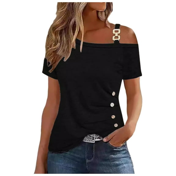 Tfken Summer Women Tshirts Solid Color One Shoulder Strap Tops Trendy Casual Daily Wear Female Leisure Shirts Black
