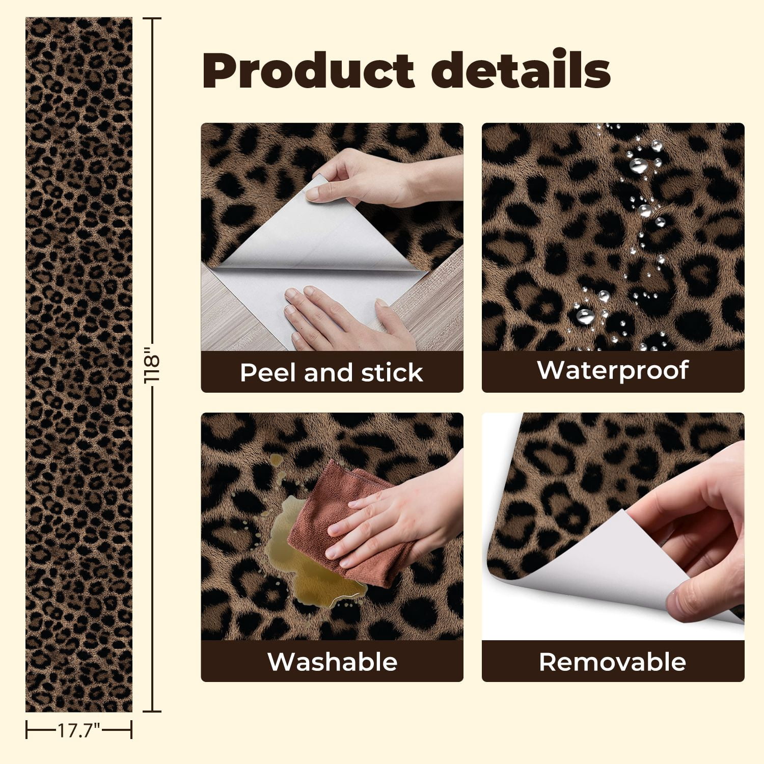 Peel and Stick Wallpaper Leopard Print Brown Black Tones Wall Mural 17.7in x 9.8ft Self Adhesive Removable Wall Paper Renter Friendly Wallpaper for Nursery Bedroom Cabinets